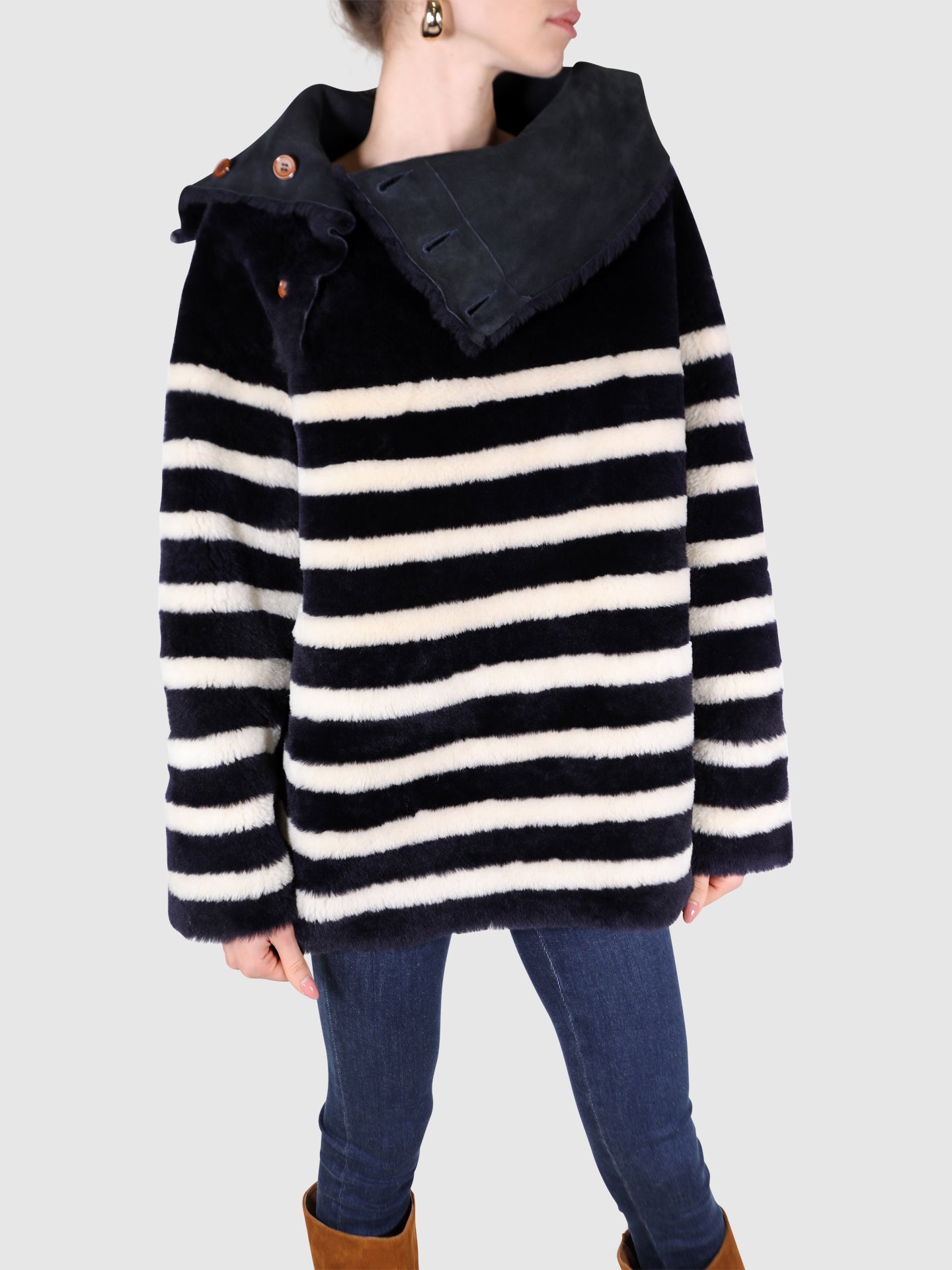 Mes Demoiselles Camisola Reversível Azul Branca/Camel Pêlo